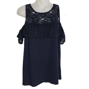 Ann Taylor LOFT Womens Top Size Medium Lace Flounce Cold Shoulder Forever Navy